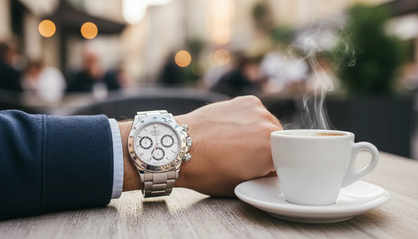 A single steel watch worn on the wrist at an outdoor cafe table beside a coffee and notebook