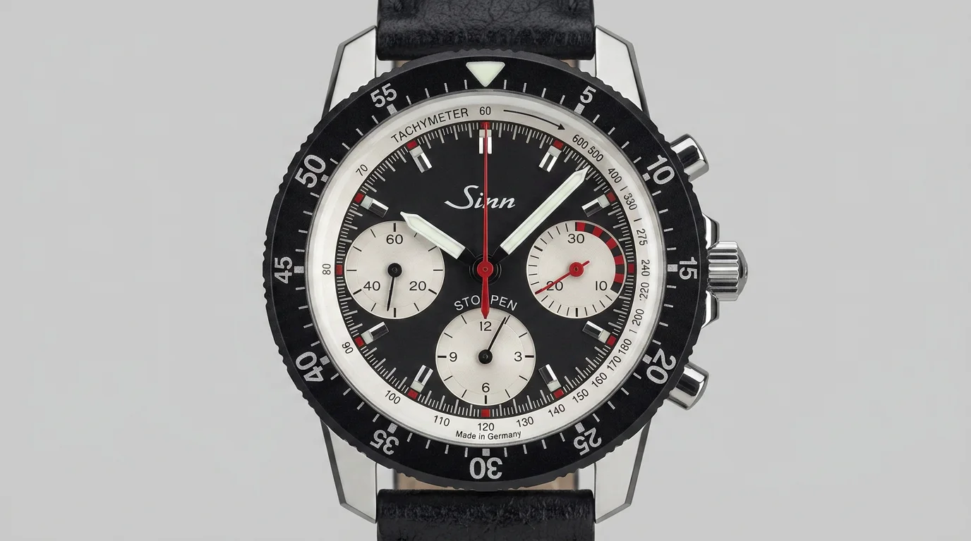 Sinn 103 St chronograph with blue dial, tachymeter bezel, and three white sub registers.