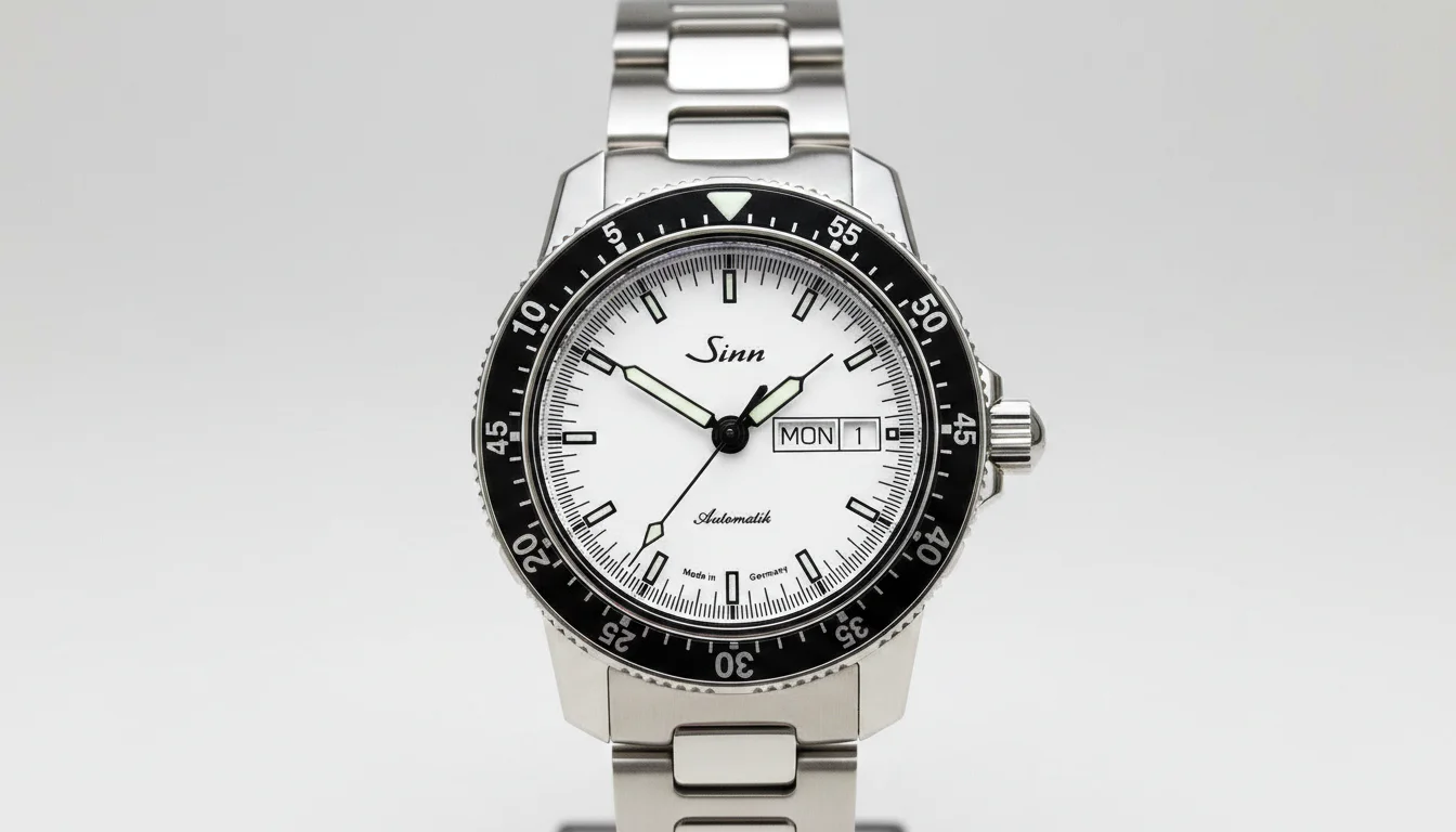 Sinn 104 pilot watch with white dial, day date window, and black bezel.