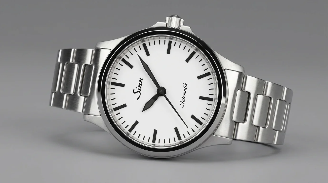 Sinn 556 pilot watch with white dial and black baton indices resting on its stainless steel bracelet.