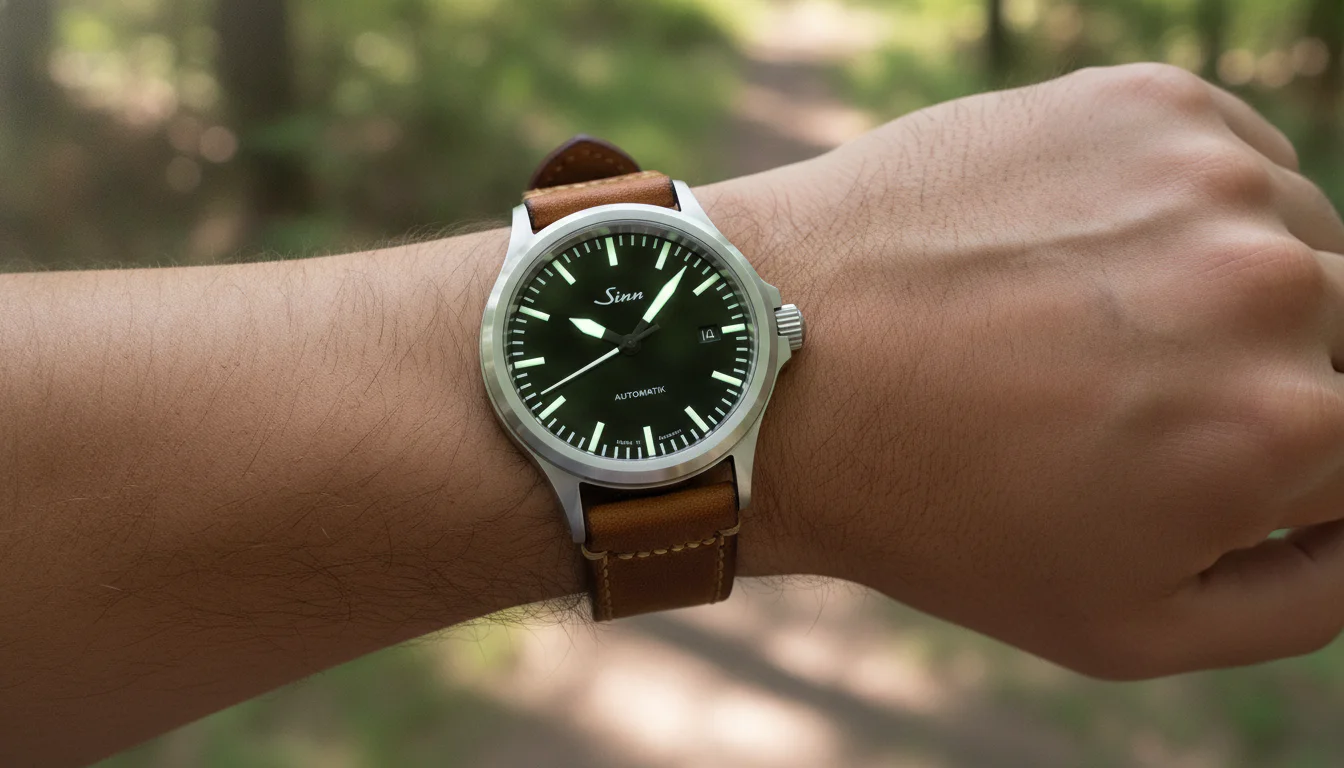 Wrist wearing a Sinn tool watch with a green dial and leather strap outdoors