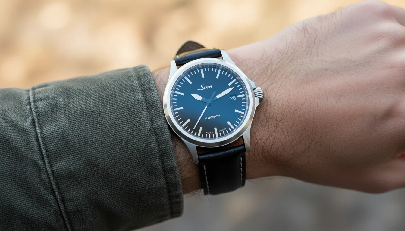 Sinn 556 pilot watch worn on the wrist with black leather strap.