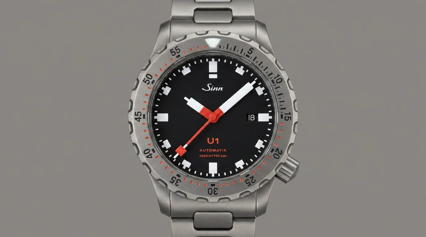 Sinn U1 diver watch in bead blasted German submarine steel with black dial and unidirectional bezel.