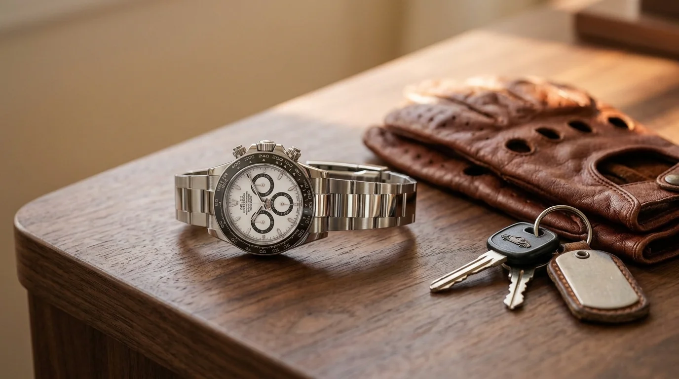 Rolex Daytona panda on a walnut desk beside a driving glove and car keys