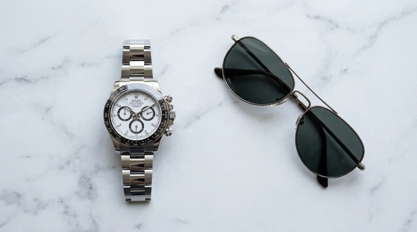 Rolex Daytona panda on a white marble counter beside sunglasses in natural light