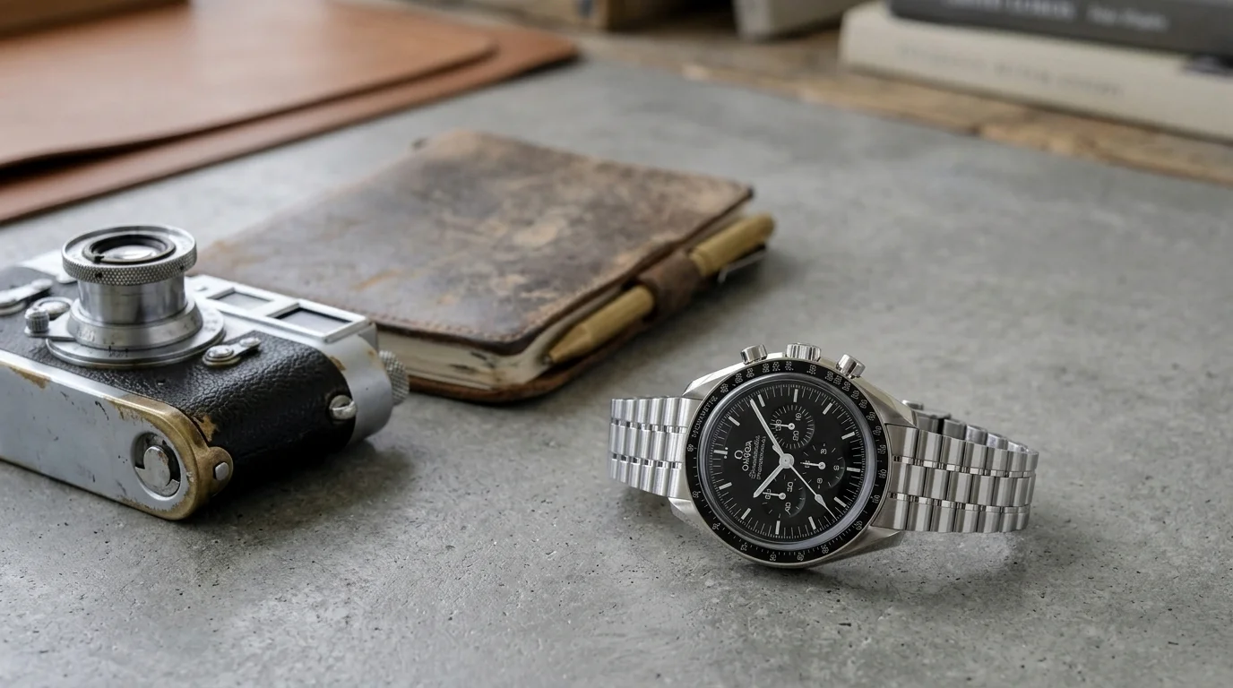 Omega Speedmaster Moonwatch on a concrete surface beside a vintage camera and leather notebook