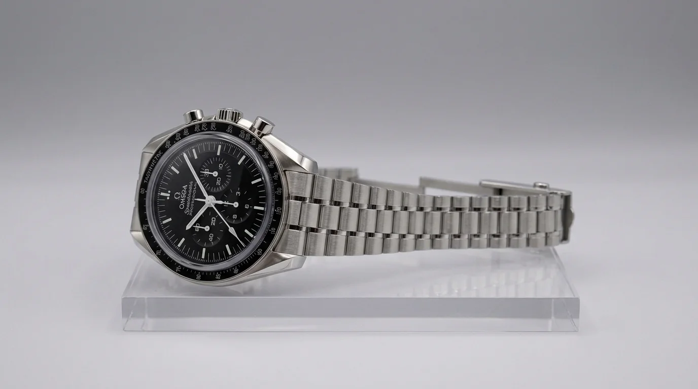 Omega Speedmaster Professional Moonwatch with black dial and aluminium bezel, three-quarter studio view