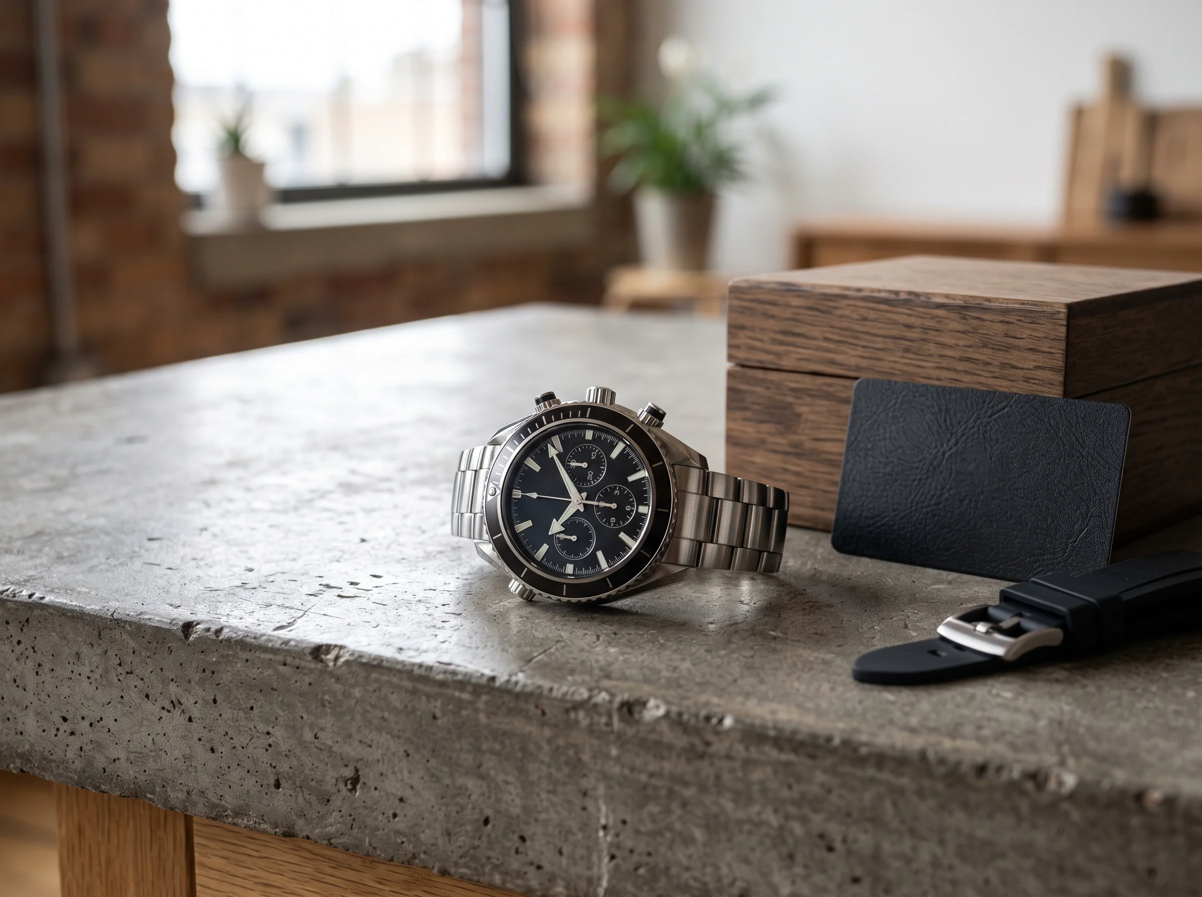 A bold modern sports chronograph resting on a counter beside a watch box, warranty card, and spare rubber strap