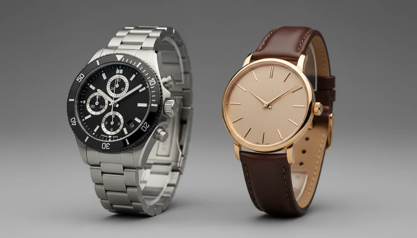 A steel sports chronograph watch and a gold dress watch shown side by side, representing two different collecting priorities