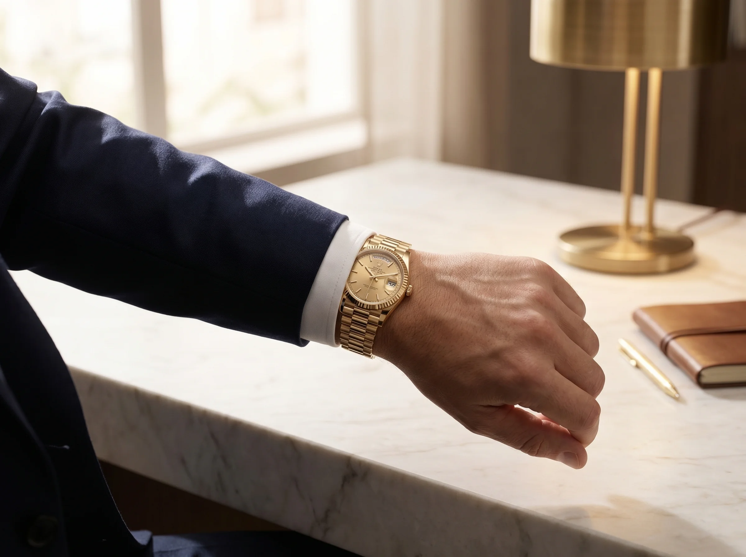 A slim compact dress watch slipping under a tailored shirt cuff and jacket sleeve