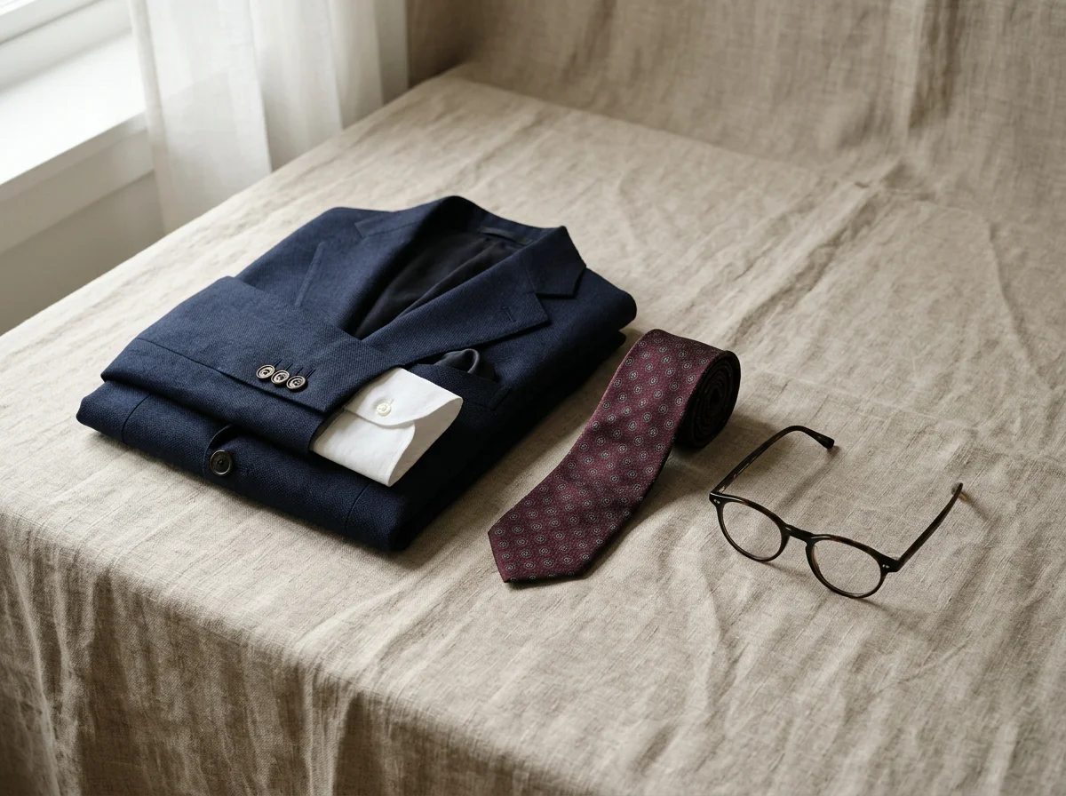 Refined menswear flatlay with a tailored jacket and tie