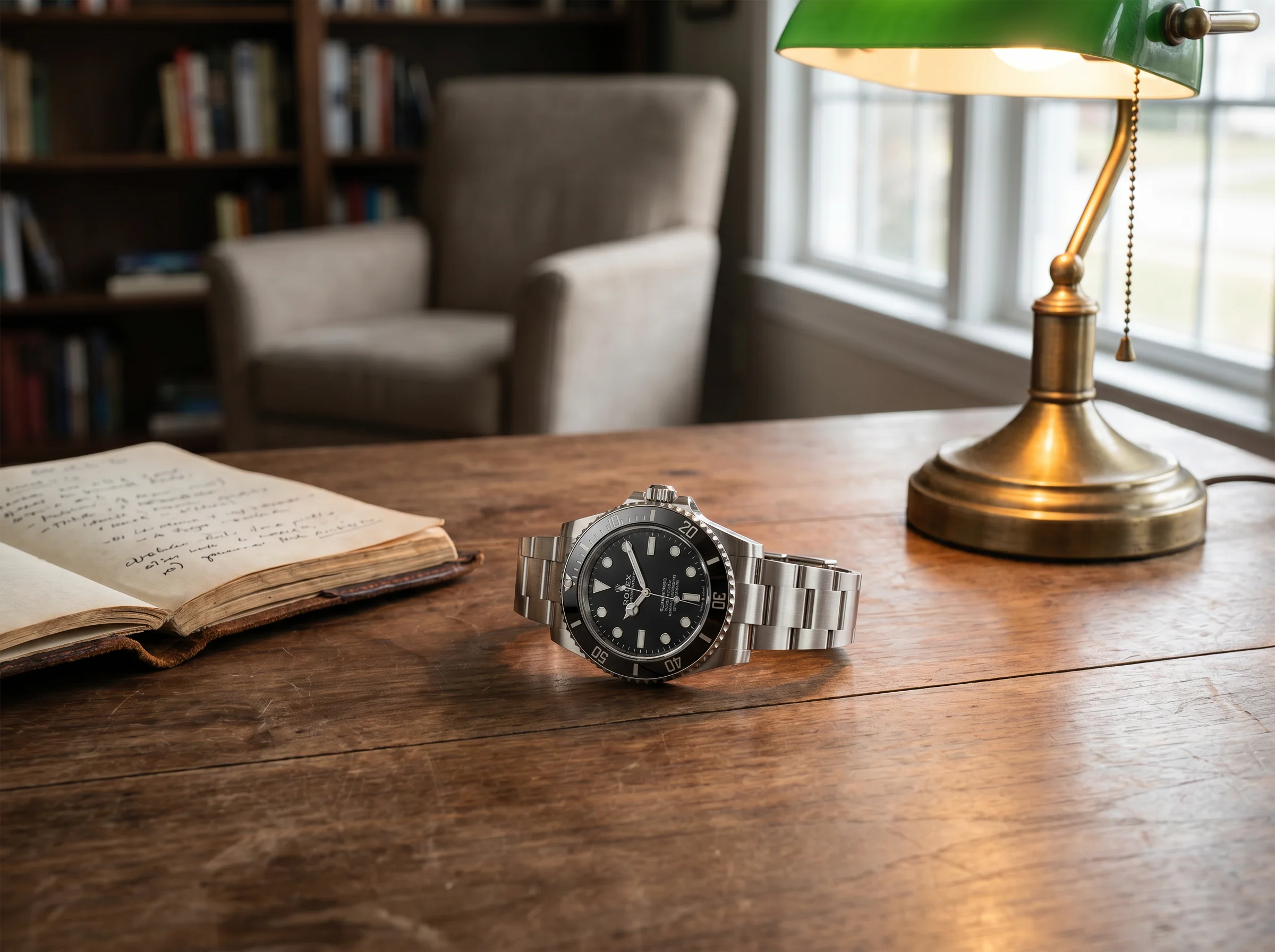 Rolex Submariner No-Date 124060 with black Cerachrom bezel resting on a walnut desk beside a leather notebook and brass lamp