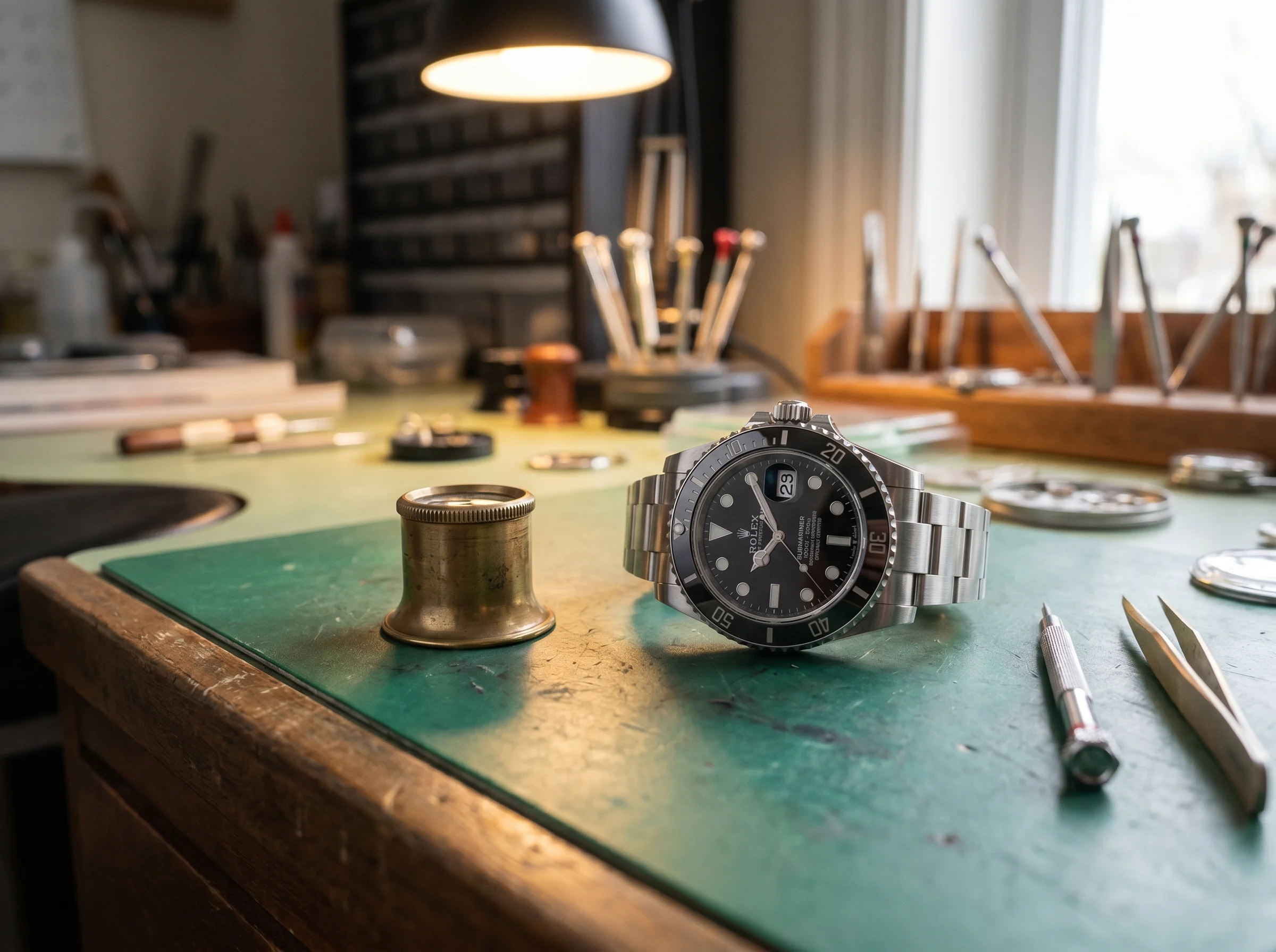 Rolex Submariner 126610LN on a watchmaker's bench mat beside a brass loupe and precision tools