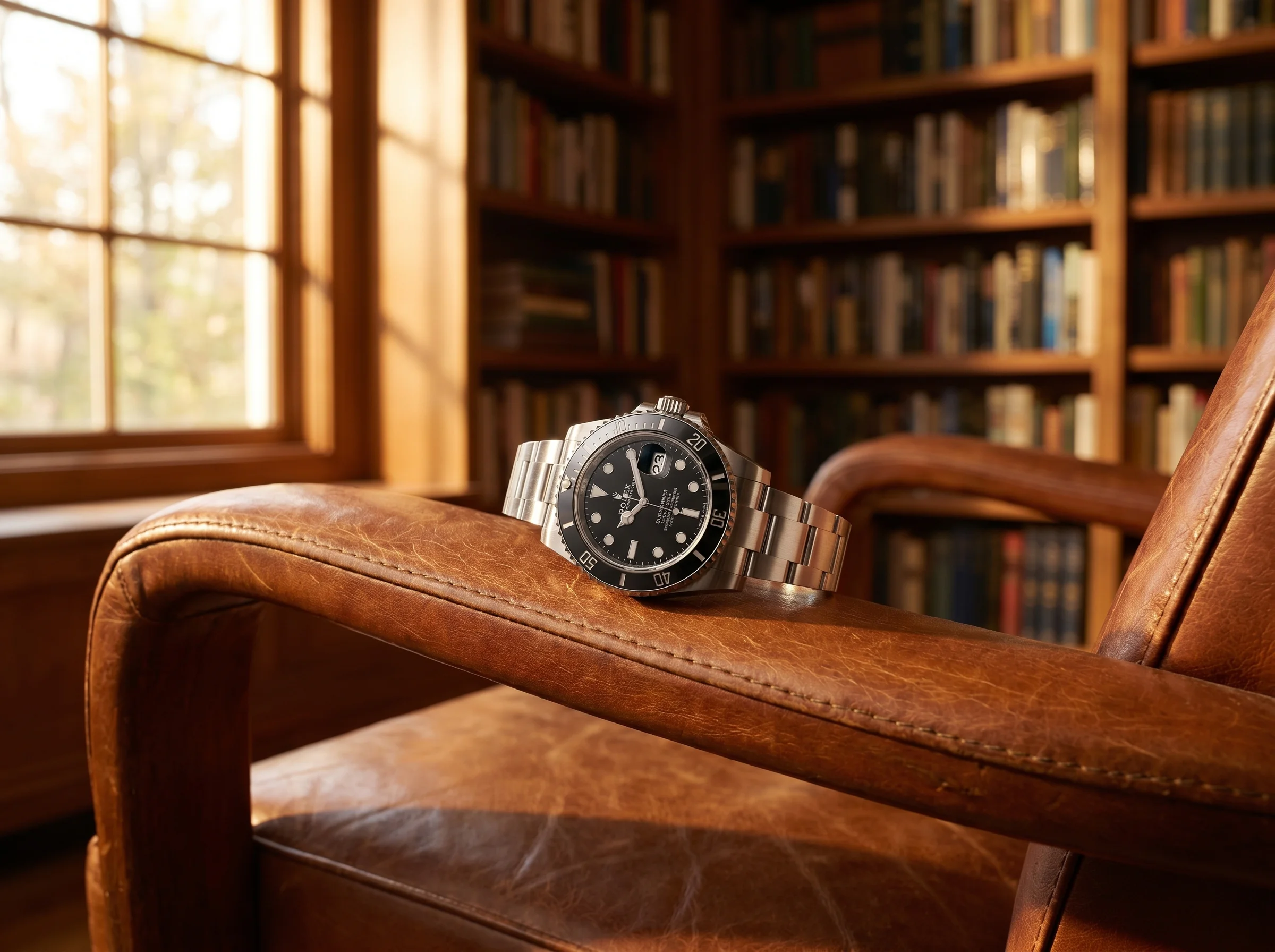 Rolex Submariner Date 126610LN resting on the cognac leather armrest of a reading chair in a study