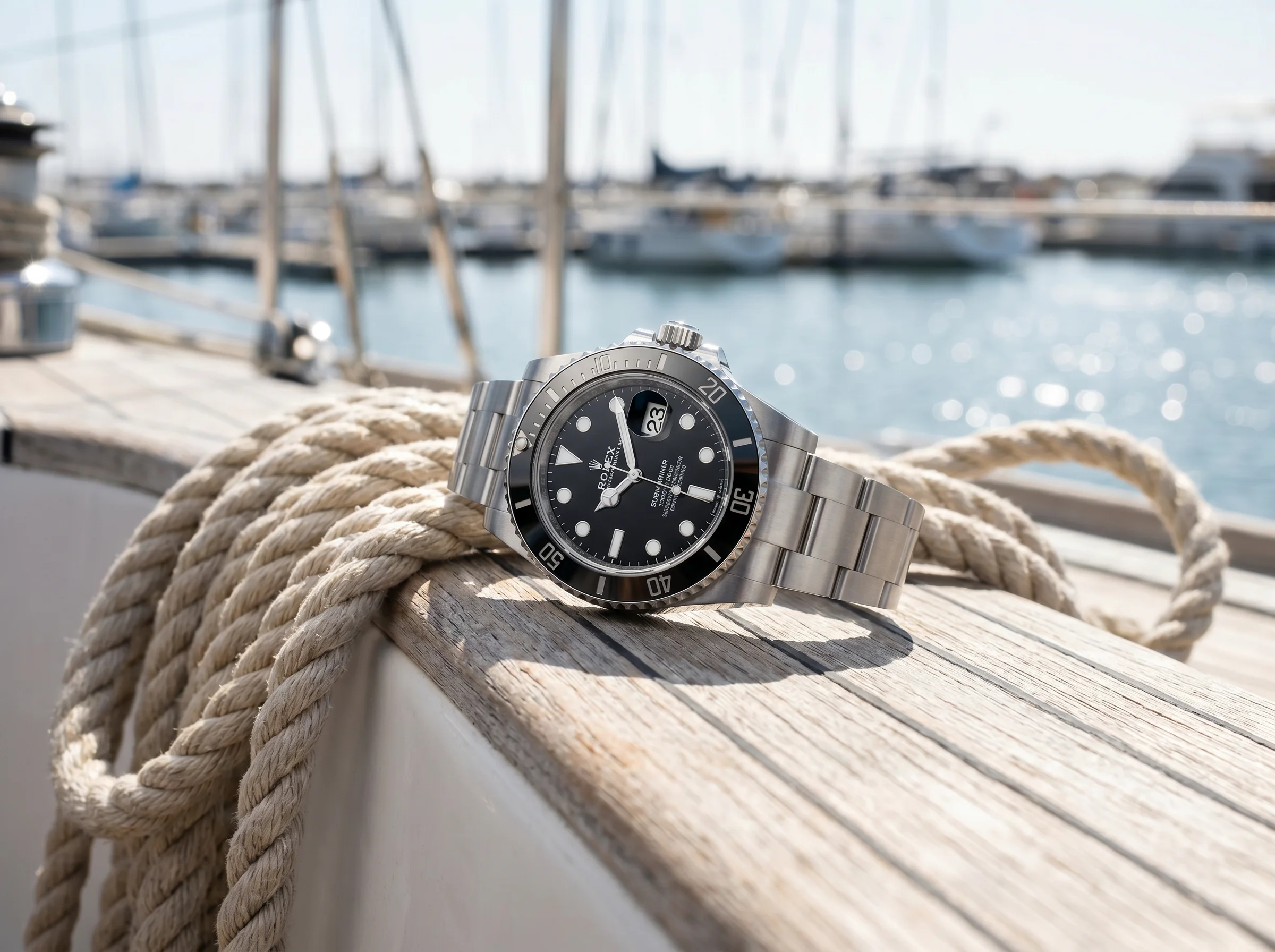 Rolex Submariner 126610LN on a teak boat deck rail beside a coil of rope at a marina