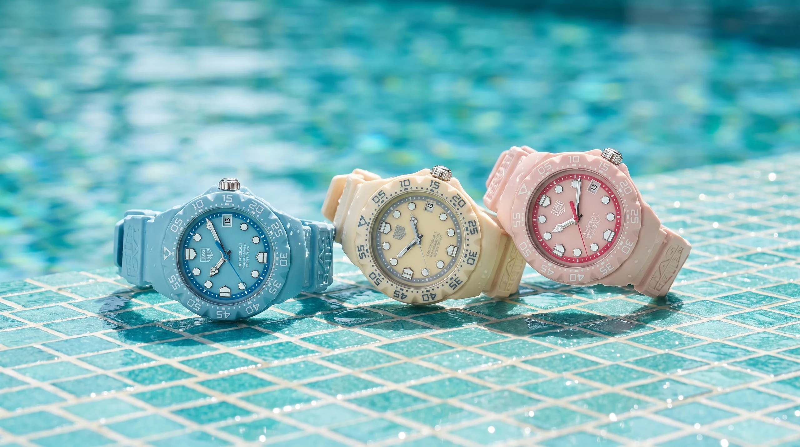 TAG Heuer Formula 1 Solargraph in a pastel colorway at poolside, a solar-powered new summer 2026 watch