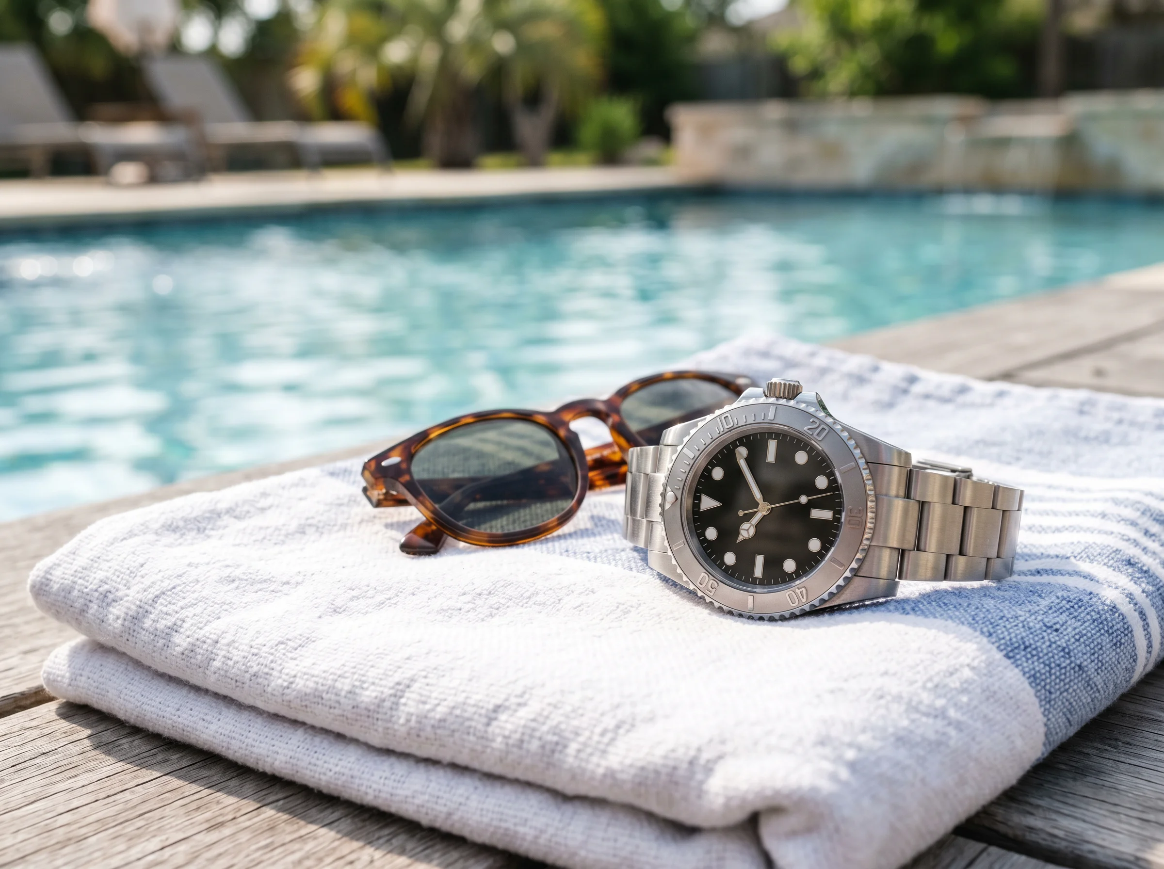 A stainless steel dive watch with a rotating bezel resting on a beach towel beside sunglasses poolside