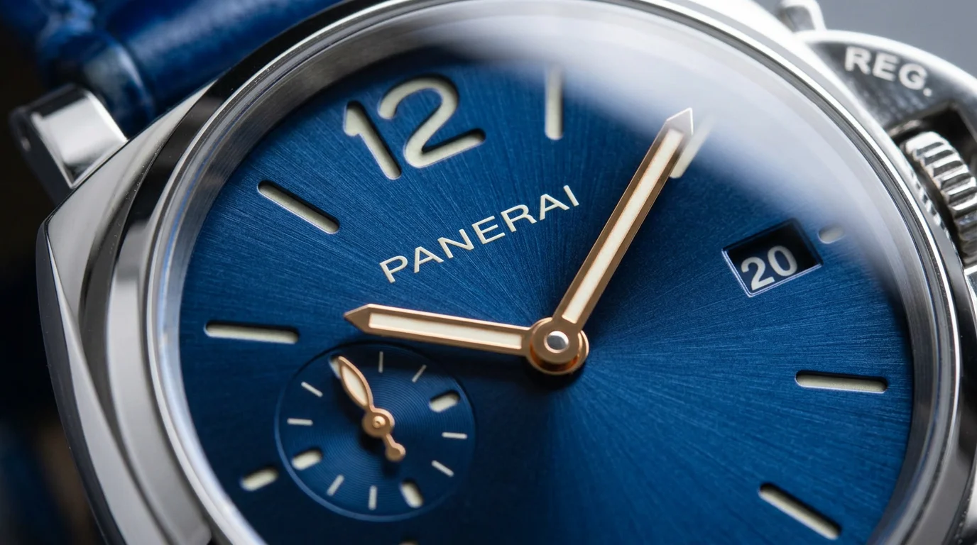 Macro shot of a Panerai Luminor Due blue sunburst dial showing the radiating brushed texture catching light
