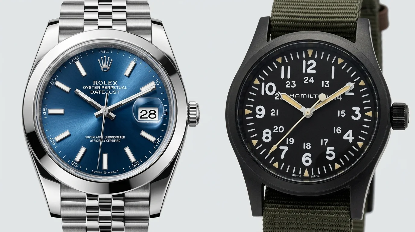 Side by side comparison of a Rolex Datejust sunburst blue dial and a Hamilton Khaki Field matte black dial