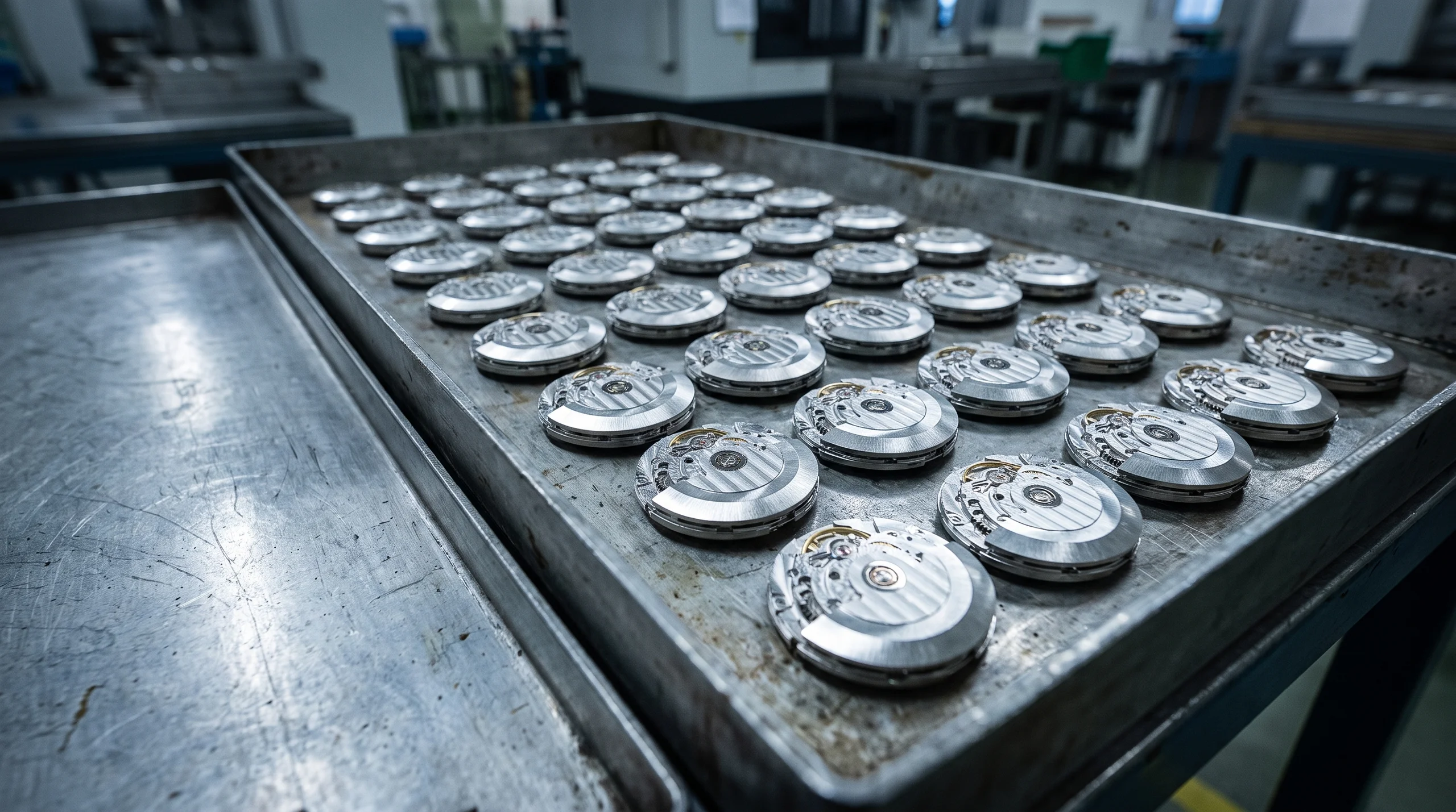 Rows of identical supplied ebauche movements on an assembly tray