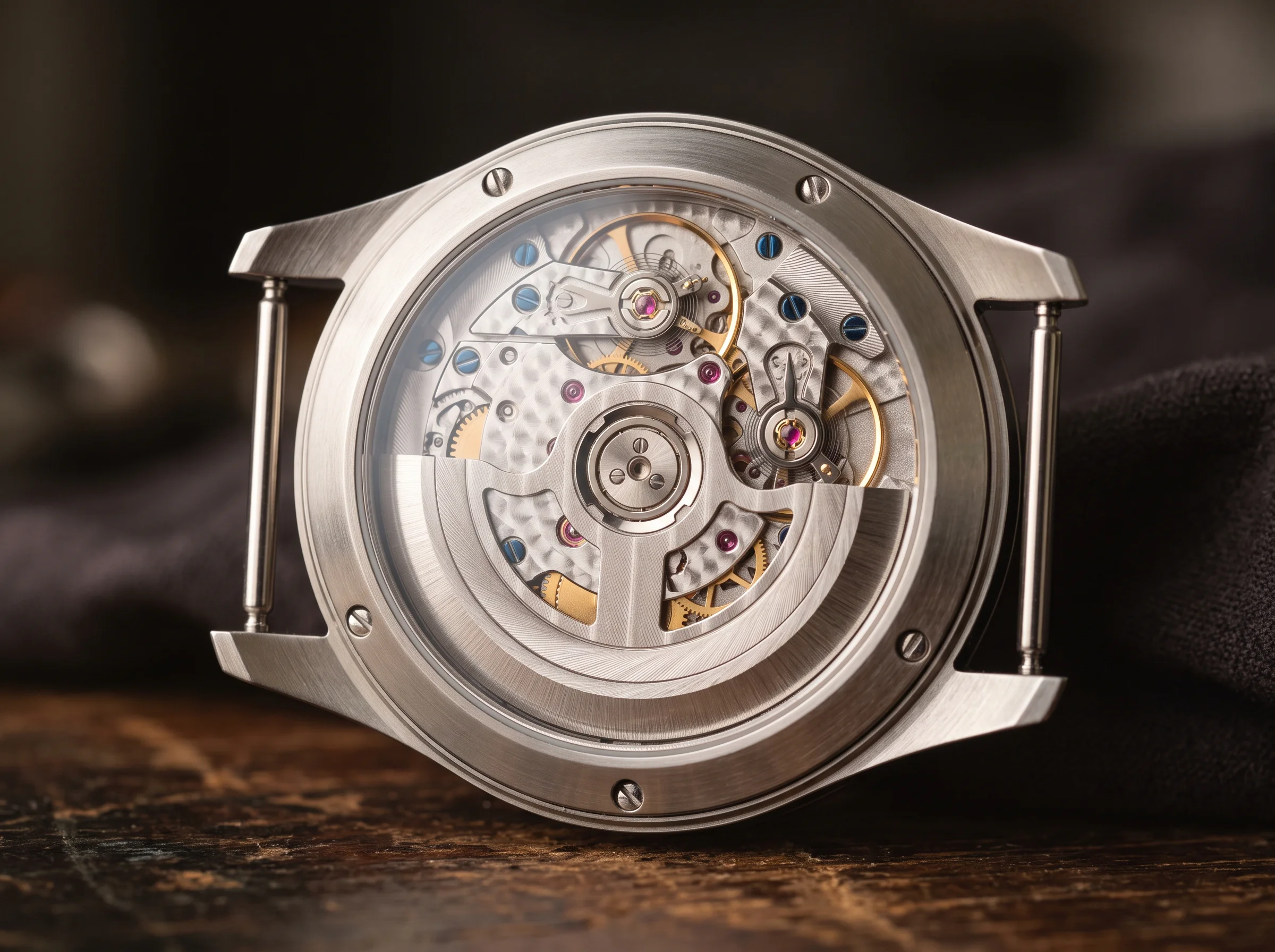 The sapphire caseback of a Swiss automatic watch showing a decorated movement with Geneva striping and perlage