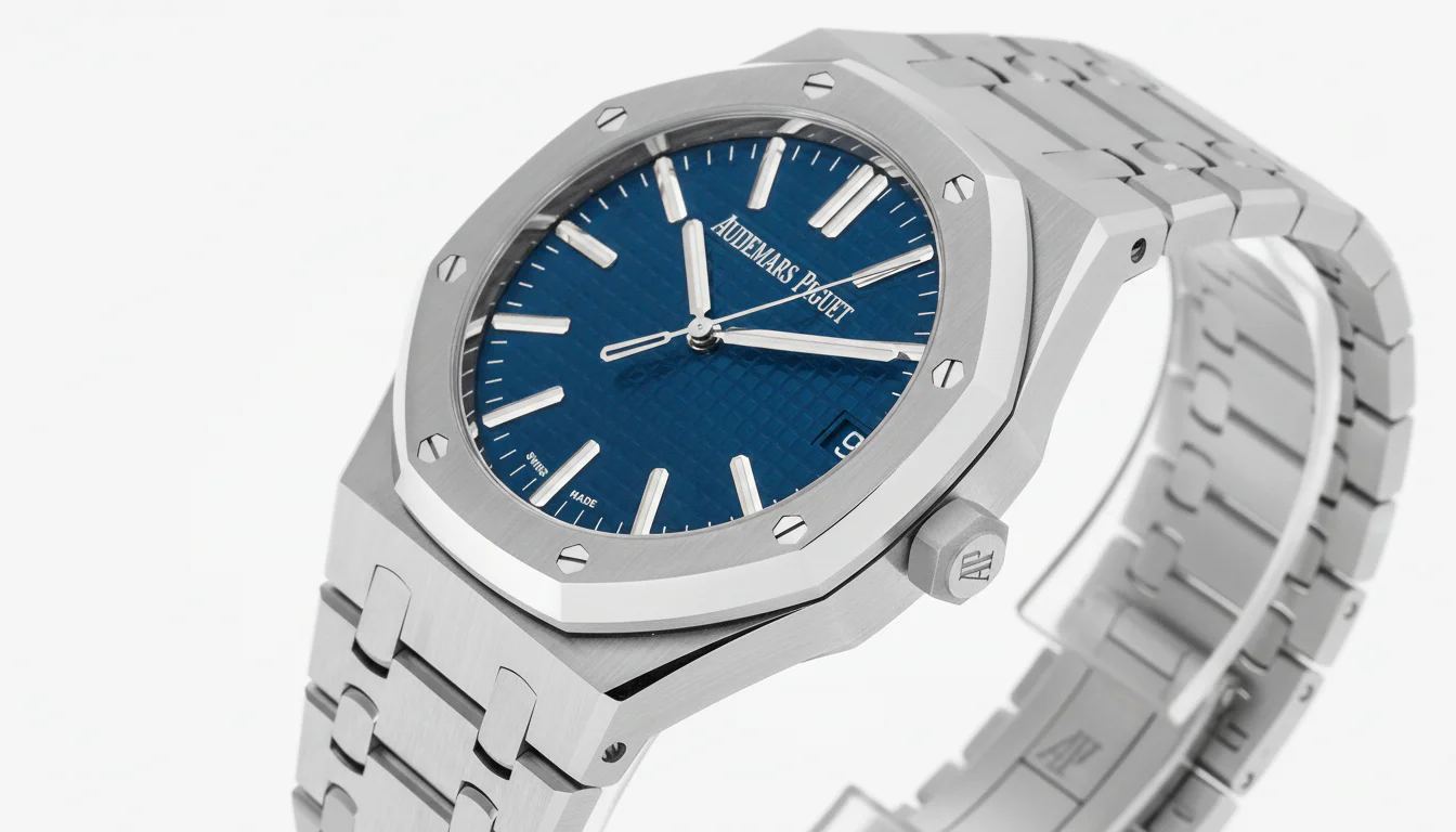 An Audemars Piguet Royal Oak 15500ST with blue Grande Tapisserie dial in a studio product photograph.