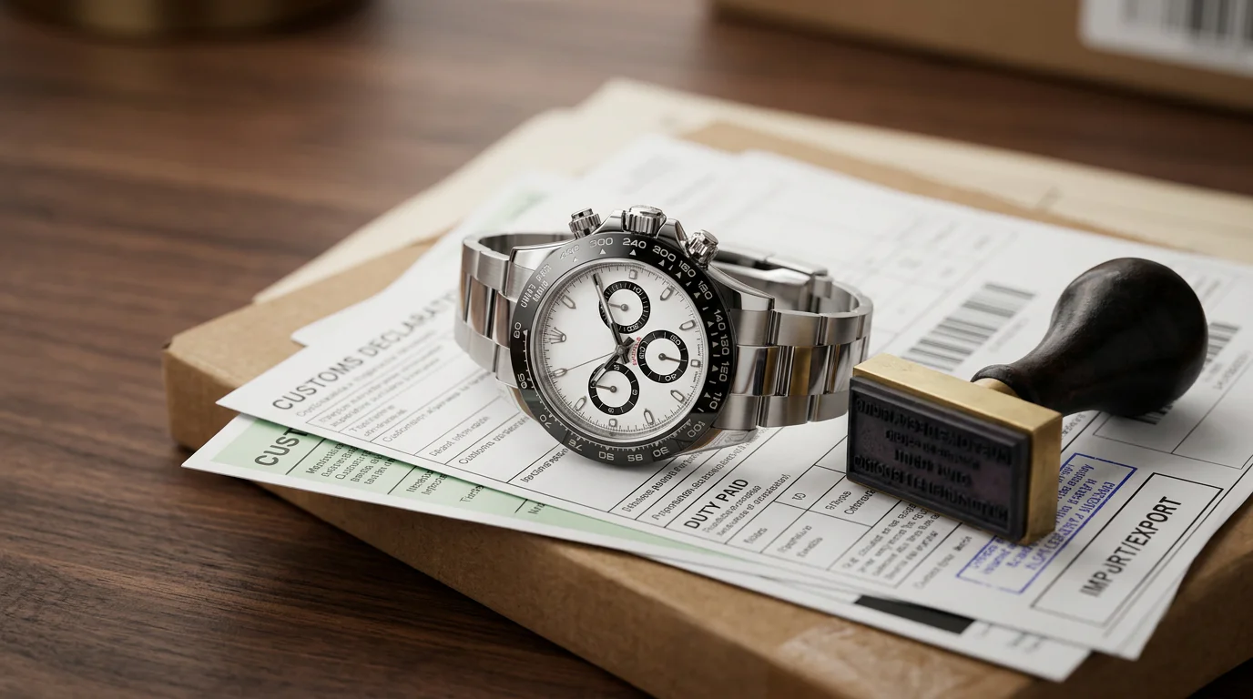 A Rolex Daytona resting on a customs declaration form beside an import stamp and shipping documents.