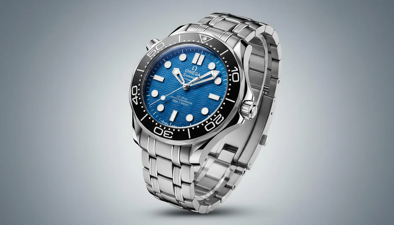 An Omega Seamaster Diver 300M with blue wave dial and steel bracelet in a studio product photograph.