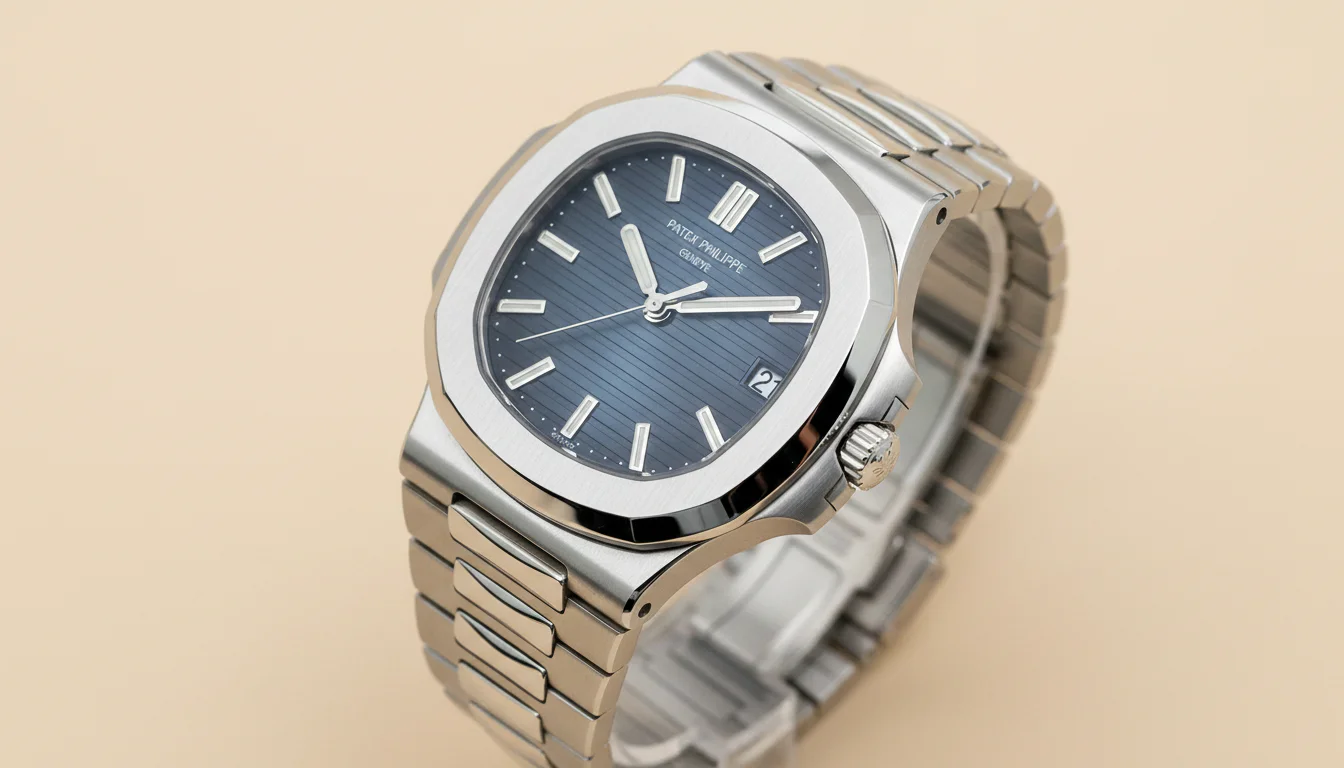 A Patek Philippe Nautilus 5711 in steel with a blue dial in a studio product photograph.