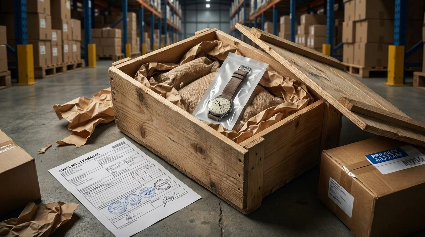 A watch shipping crate in a customs warehouse with a stamped customs clearance form and shipping labels.