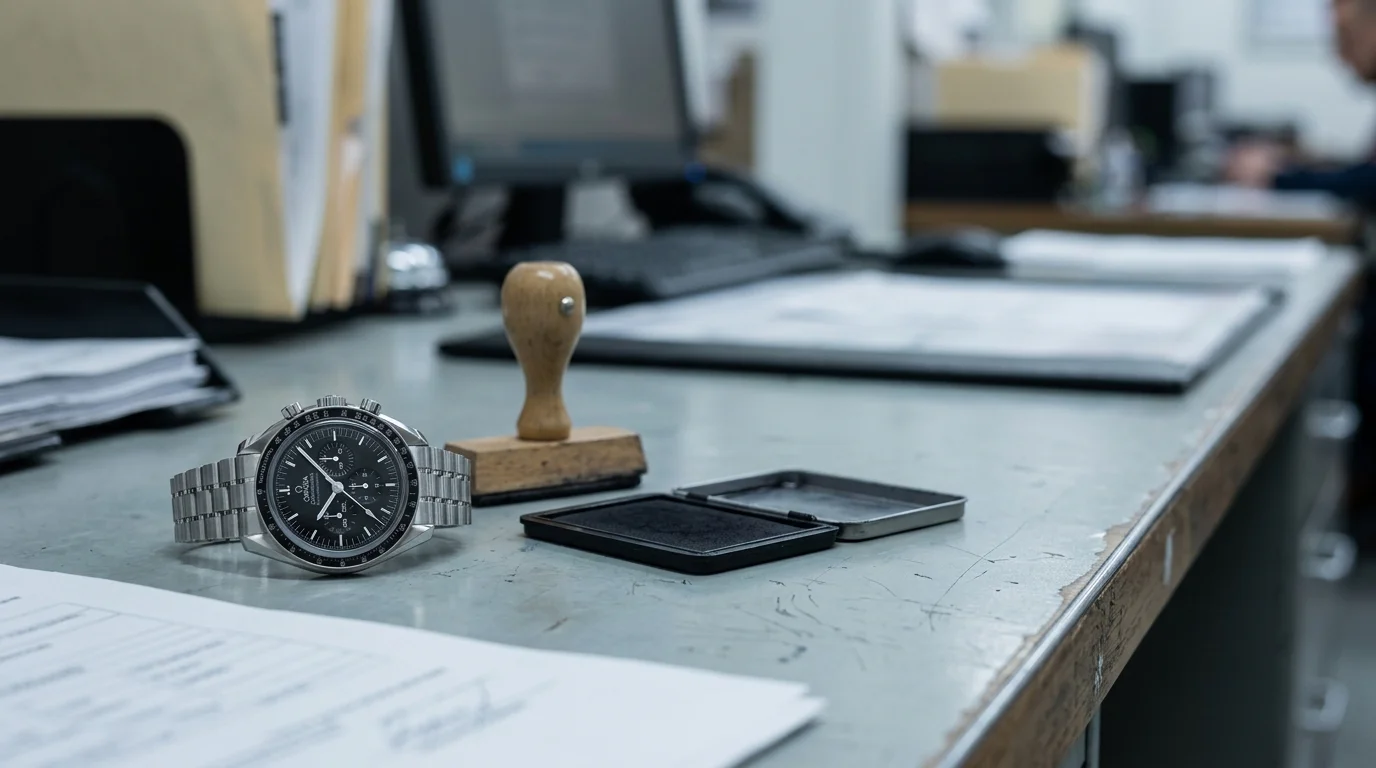 A stainless steel Omega Speedmaster Professional Moonwatch on a customs clearance counter beside a rubber stamp and ink pad.