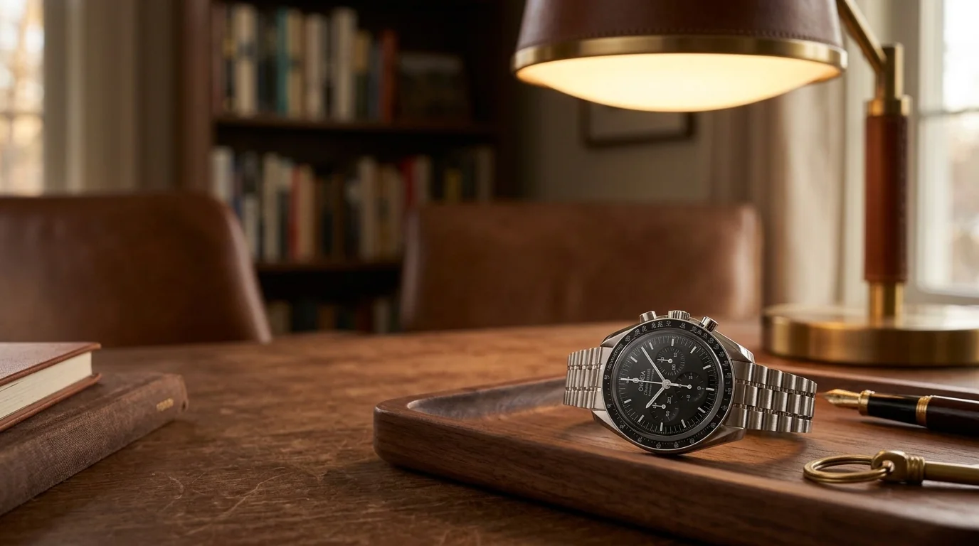 An Omega Speedmaster Professional resting on a walnut valet tray in a warm home study with a bookshelf and a brass lamp.