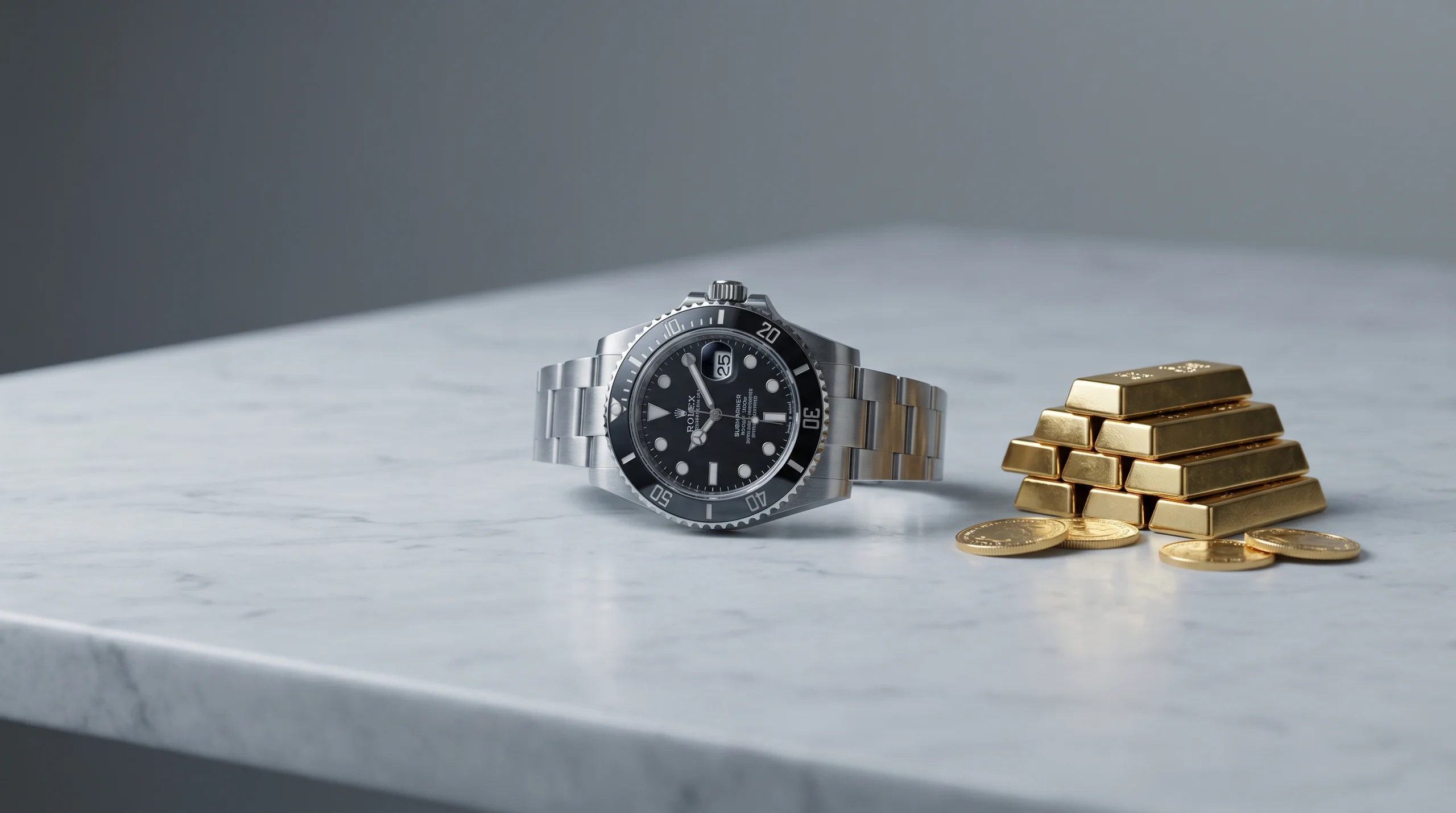 A steel Rolex Submariner beside a small stack of gold bars and coins on a marble surface.
