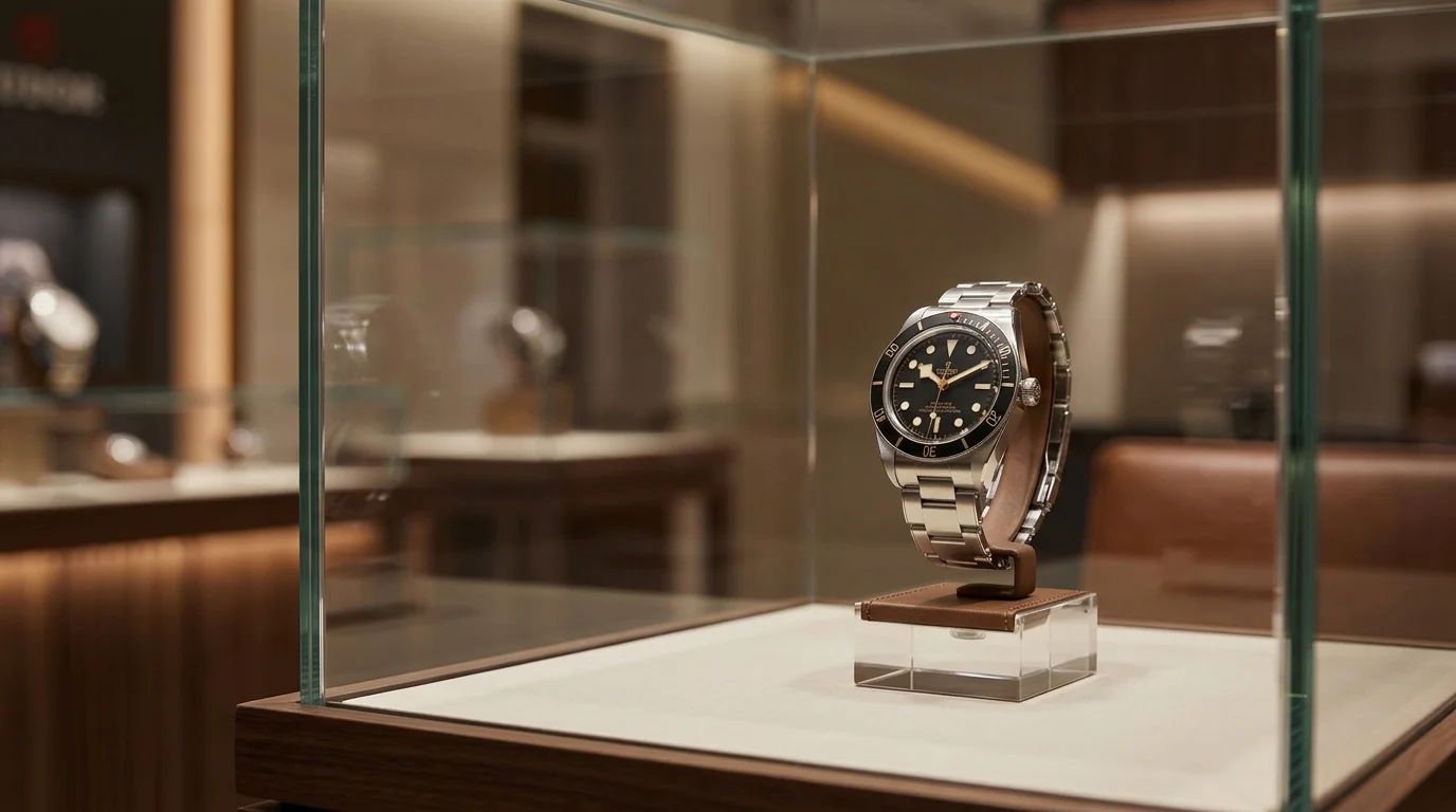 A Tudor Black Bay Fifty-Eight dive watch displayed in a glass boutique case.