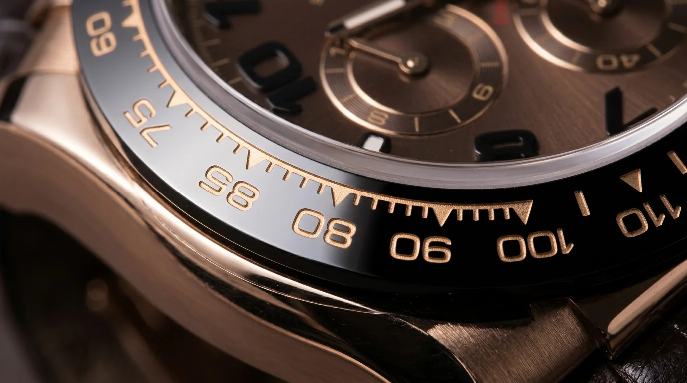 Macro shot of a Rolex Daytona black tachymeter bezel with engraved scale numbers from 60 to 110