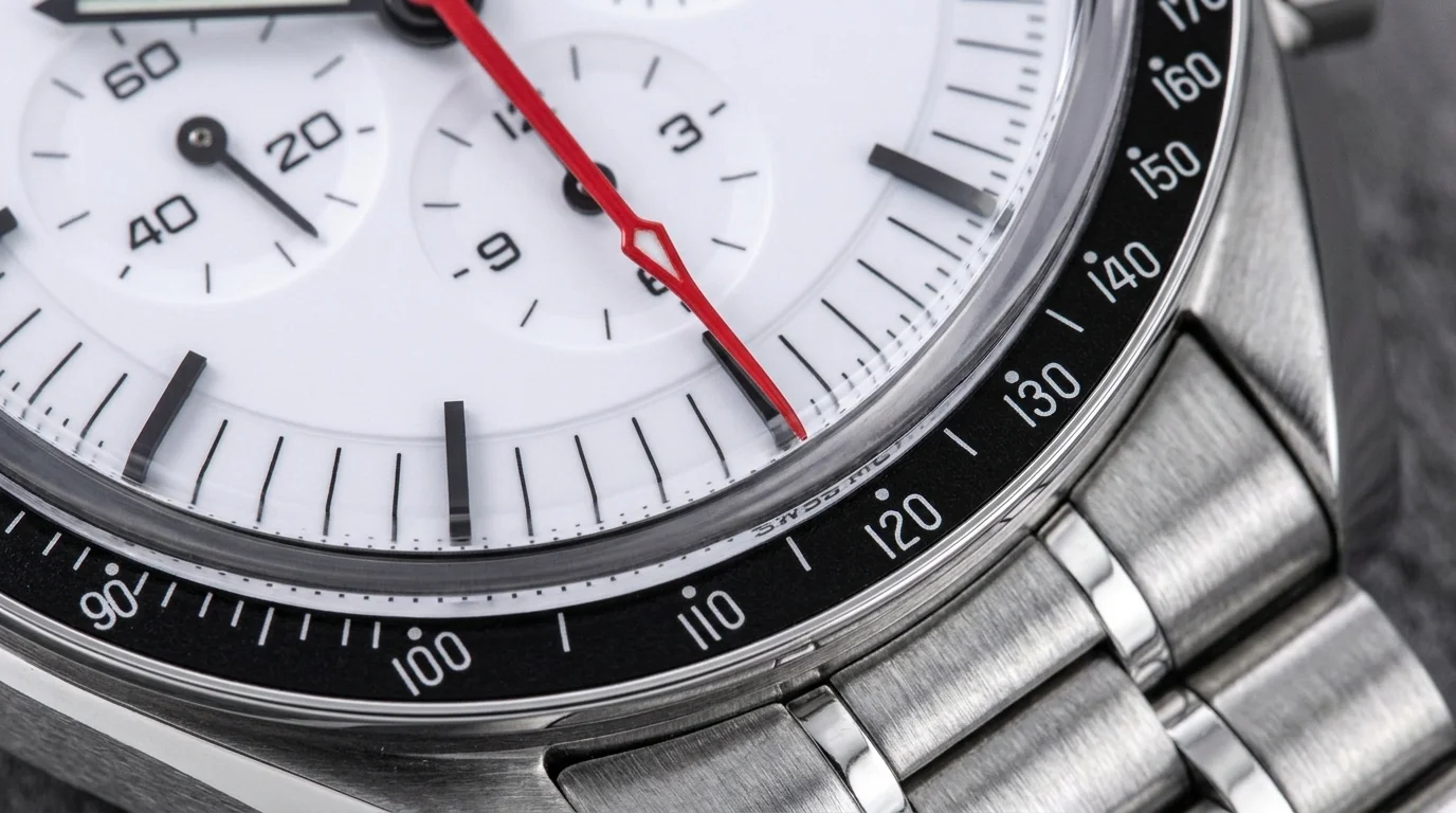 A red chronograph seconds hand pointing at a number on a tachymeter scale illustrating how to read it