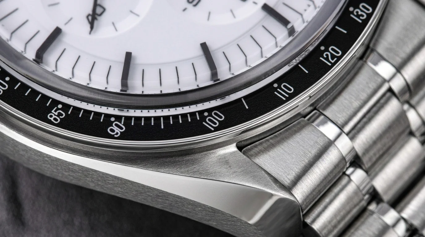 Macro shot of a tachymeter bezel showing the unevenly spaced scale numbers from 85 to 130