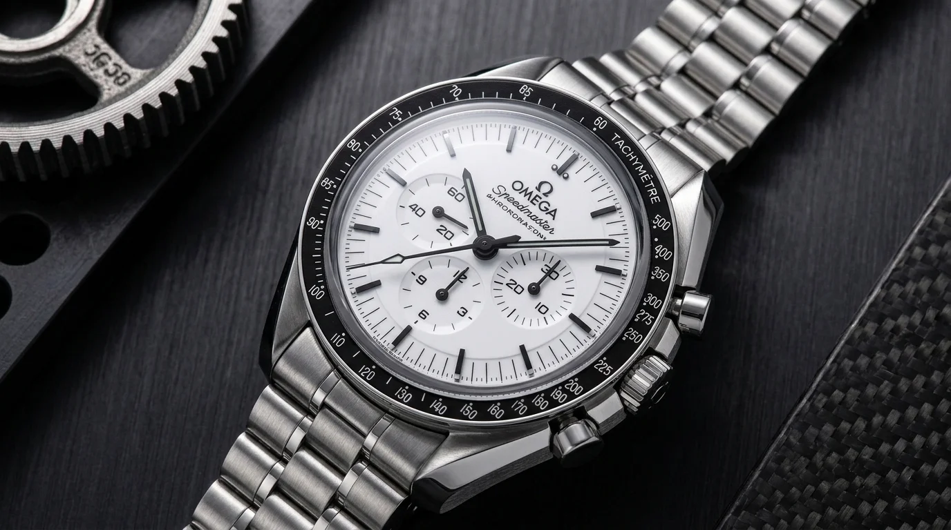 Omega Speedmaster chronograph with a black tachymeter bezel and white lacquered dial resting on a workbench