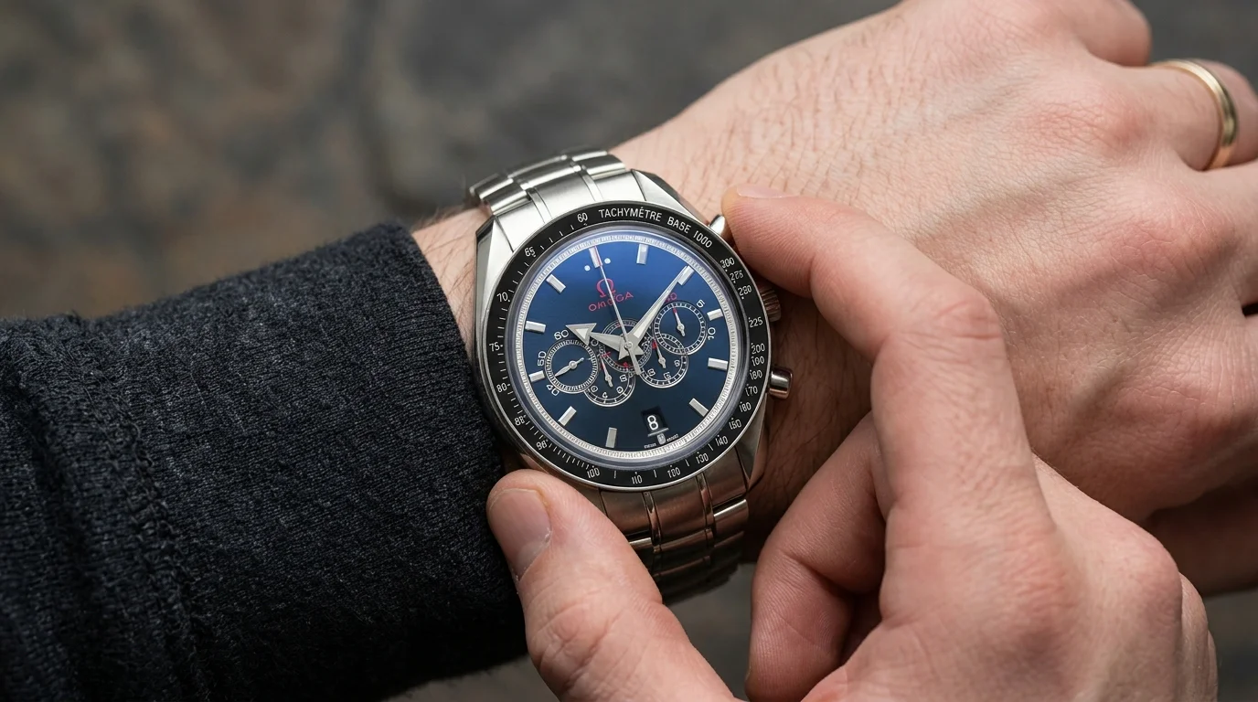 A hand pressing the chronograph pusher on an Omega Speedmaster worn on the wrist to start timing