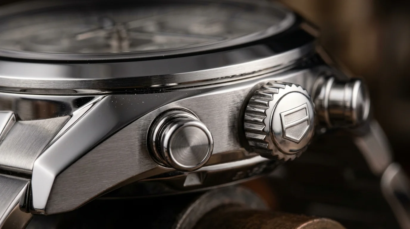 Macro detail of a TAG Heuer chronograph case showing the crown and pushers with the TAG Heuer shield logo