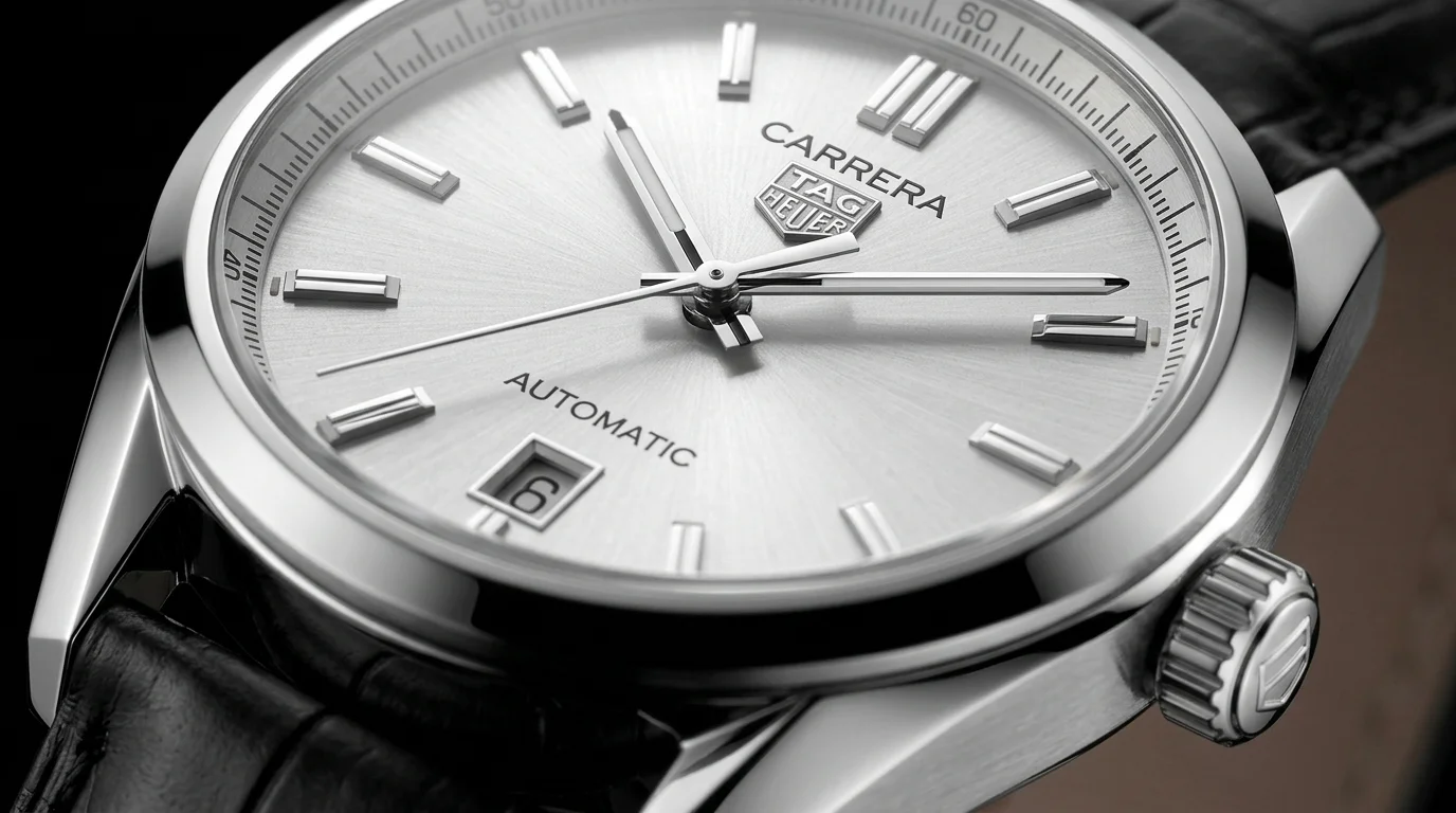 Macro shot of a TAG Heuer Carrera Date three-hand chronograph silver dial with Carrera branding, date window at 6 o'clock, and automatic movement text