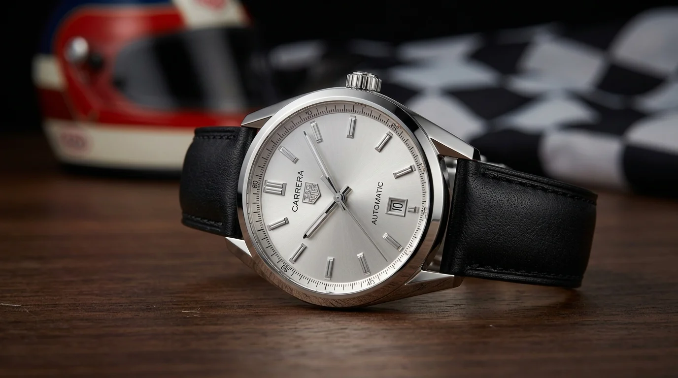 TAG Heuer Carrera Date chronograph on a wooden surface with a blurred racing helmet and checkered flag in the background