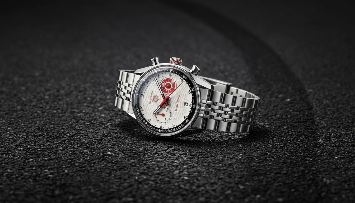 Three-quarter angle of the TAG Heuer Carrera Team Ikuzawa on a racetrack surface
