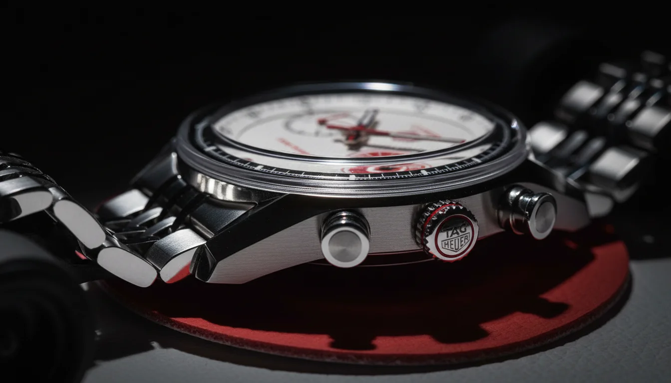 Macro shot of the TAG Heuer Carrera Team Ikuzawa screw-down crown with red lacquered ring