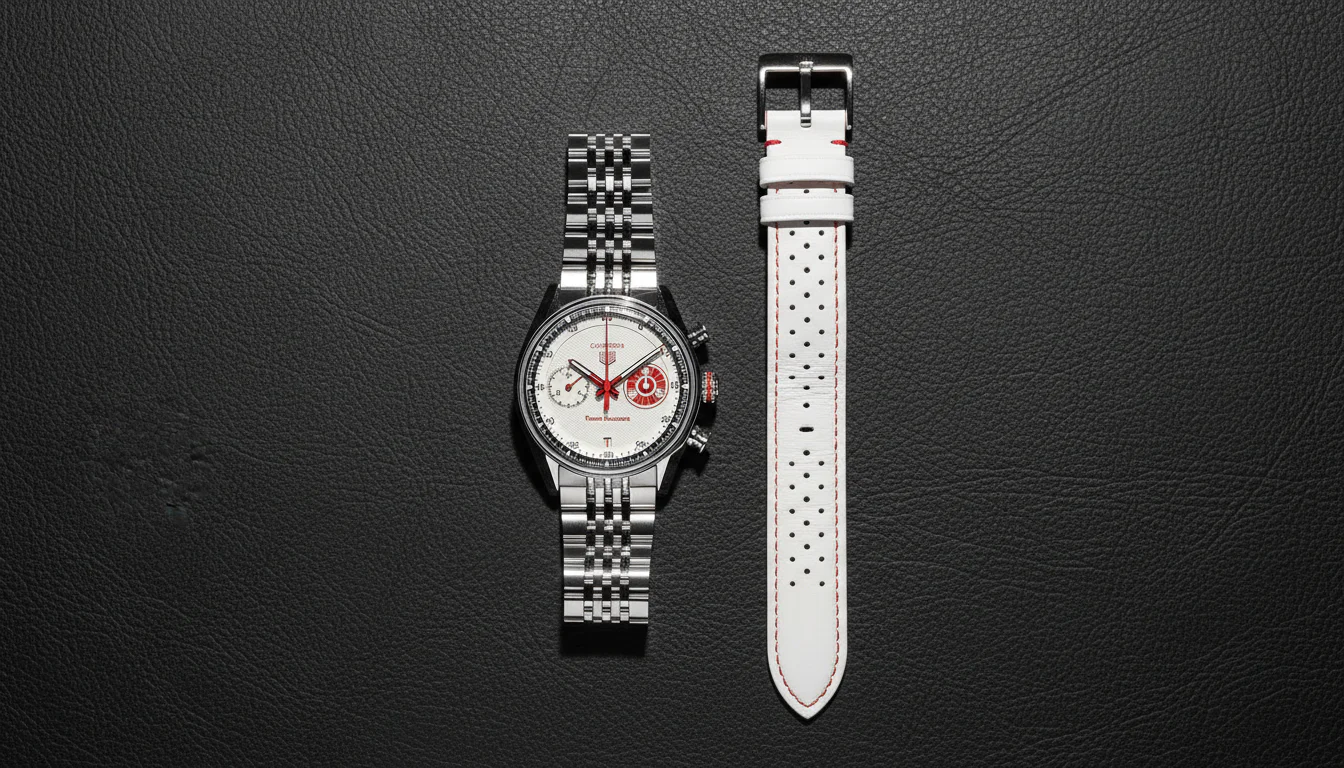 TAG Heuer Carrera Team Ikuzawa shown with its steel bracelet and alternate perforated white leather strap