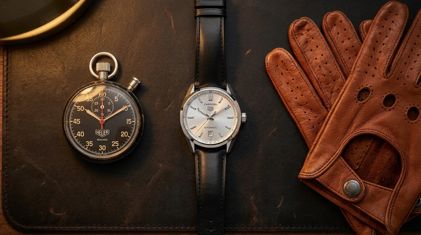 TAG Heuer Carrera chronograph flat lay next to a vintage Heuer racing stopwatch and driving gloves
