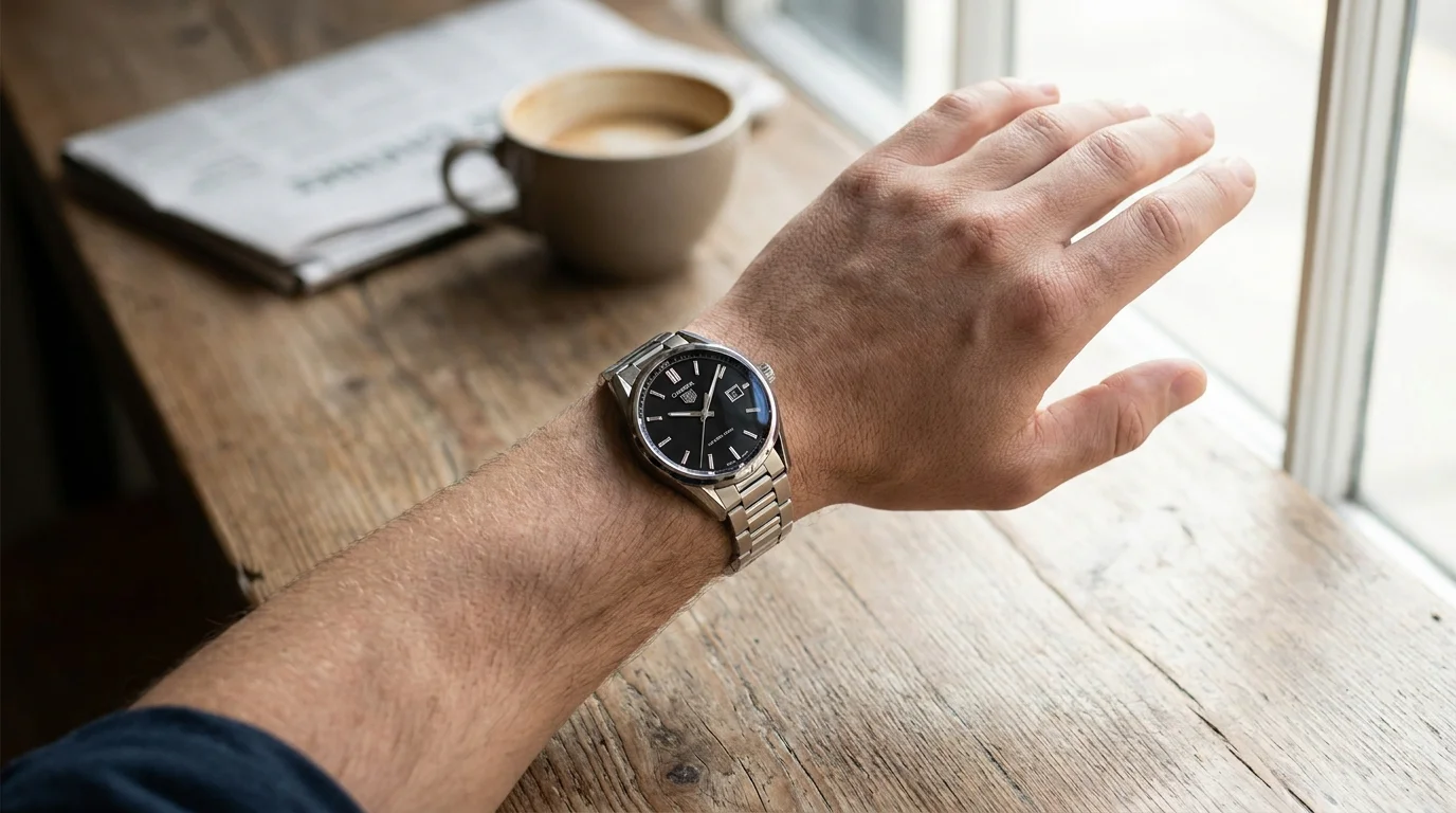 TAG Heuer Carrera three-hand chronograph worn correctly on the left wrist in a cafe setting