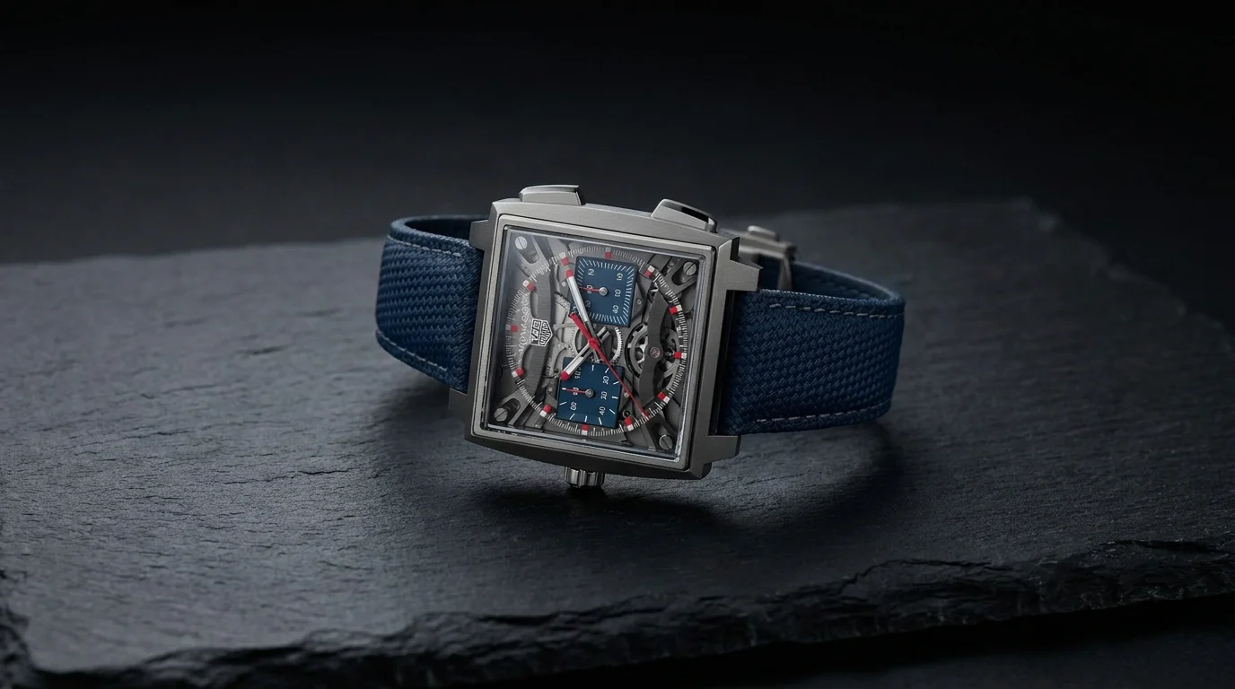 TAG Heuer Monaco Evergraph CEW5181 titanium chronograph on dark slate, editorial wide composition