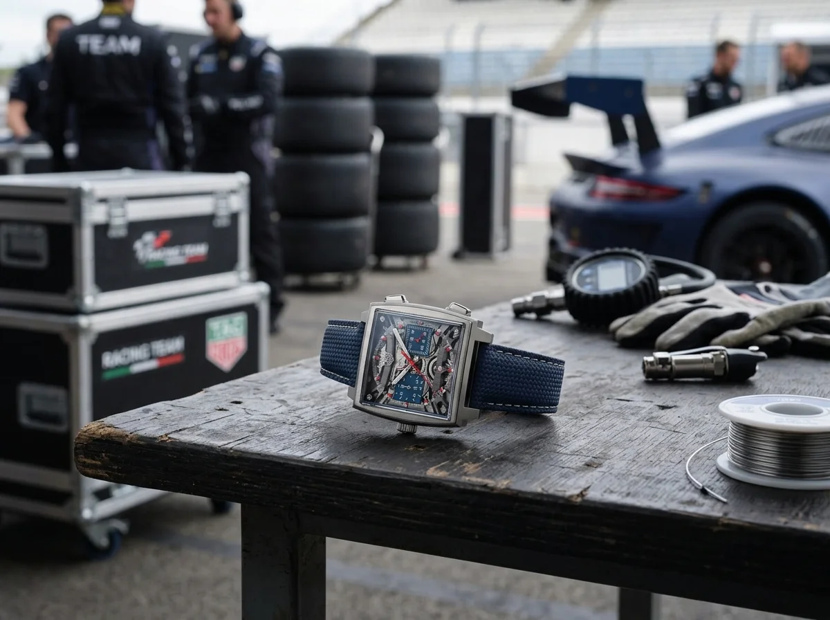TAG Heuer Monaco Evergraph square titanium case at motor racing paddock setting, natural daylight editorial