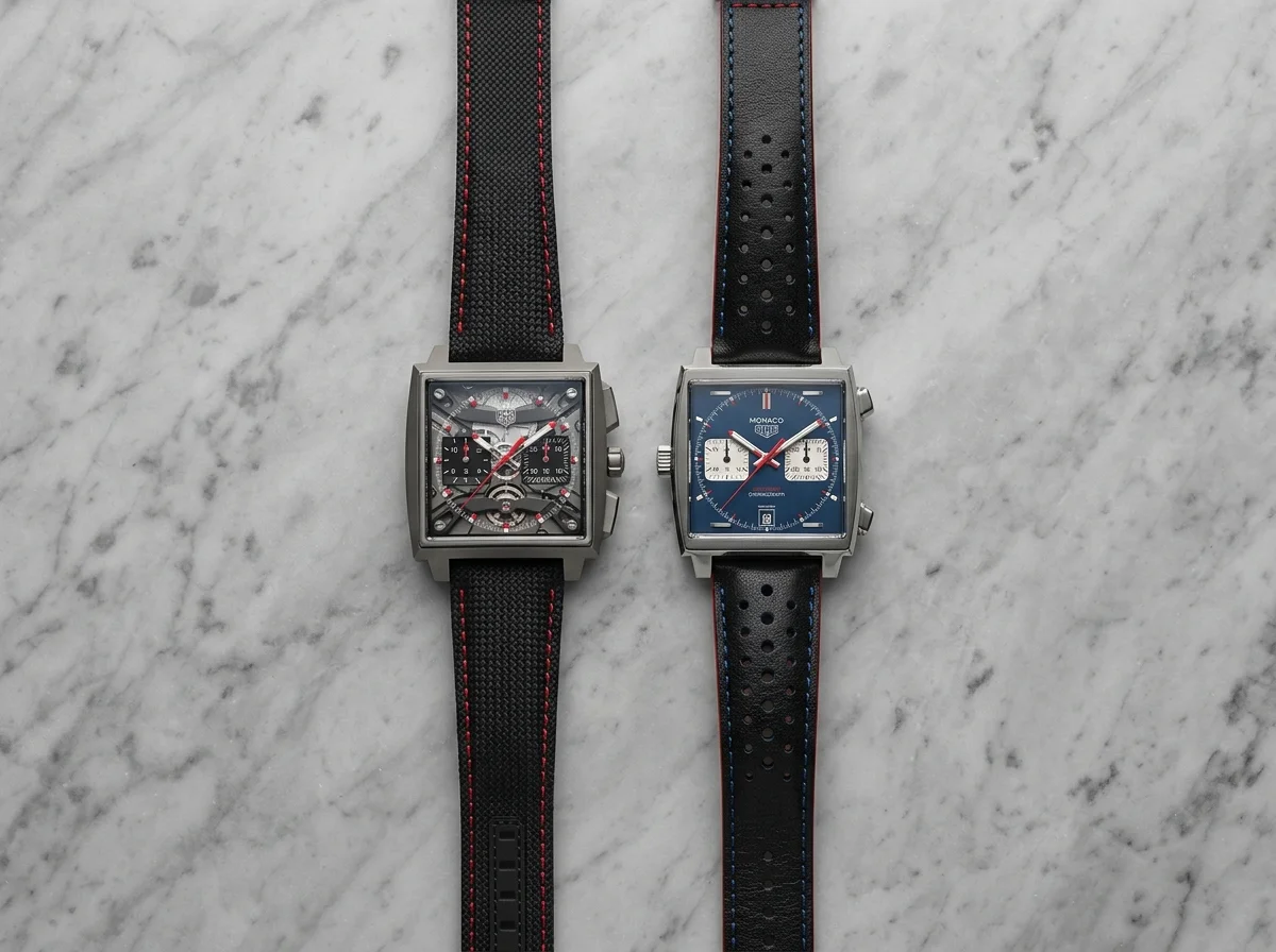 TAG Heuer Monaco Evergraph titanium beside standard Monaco Chronograph comparison flat lay on marble